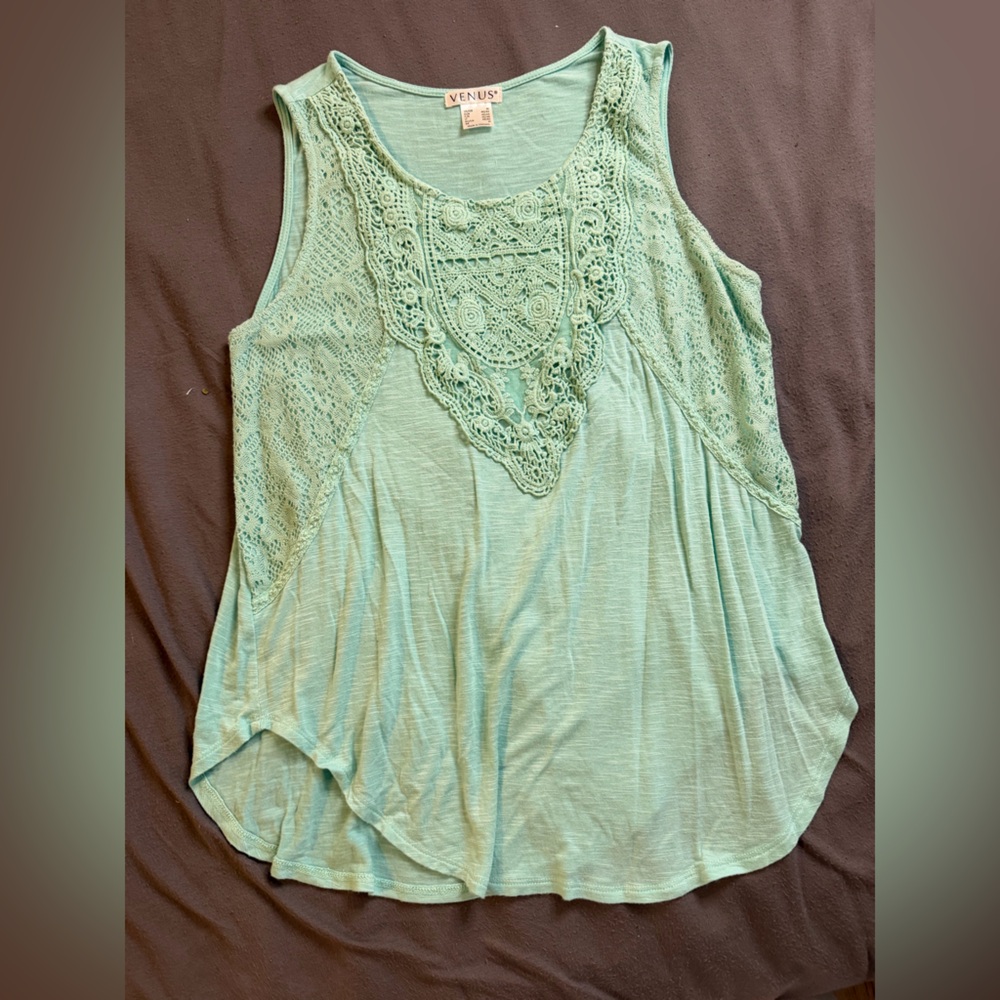 VENUS Light Green Crochet Accent Top
